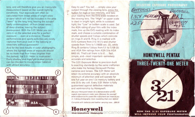 Pentax Honeywell 3-21 degree spotmeter Booklet manual cover