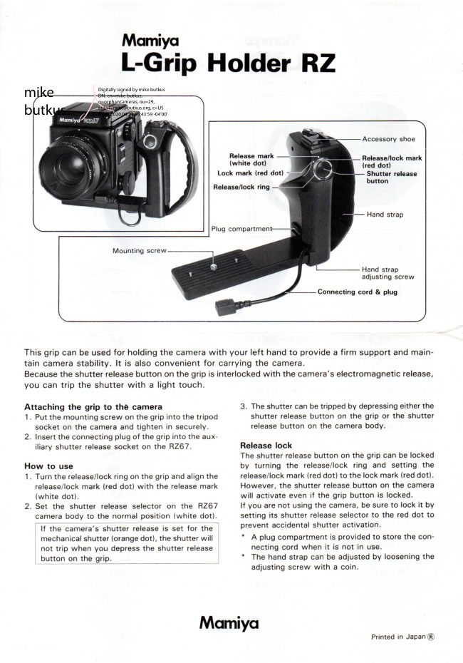 Mamiya RZ left hand grip manual cover