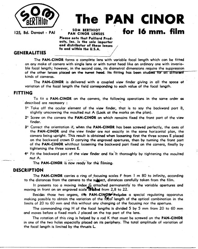 Pan-Cinor lens for 16mm film manual cover