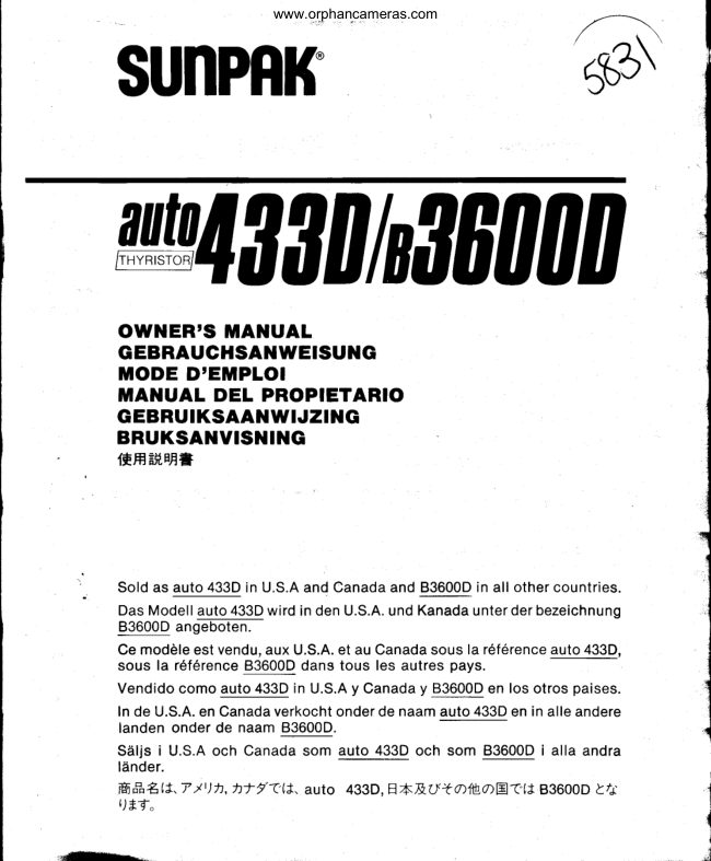 Sunpak Auto 433D / B3600D instructions manual cover