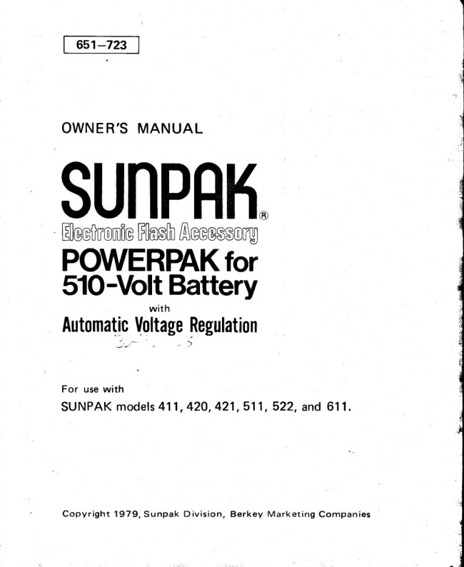 Sunpak PowerPak 510V battery manual cover