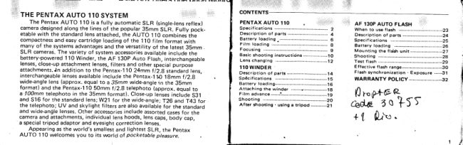 PENTAX AUTO 110 manual cover