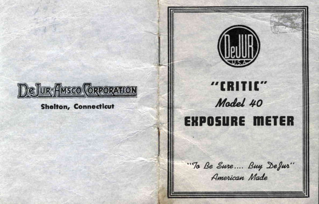 DeJur CRITIC Model 40 Exposure Meter manual cover