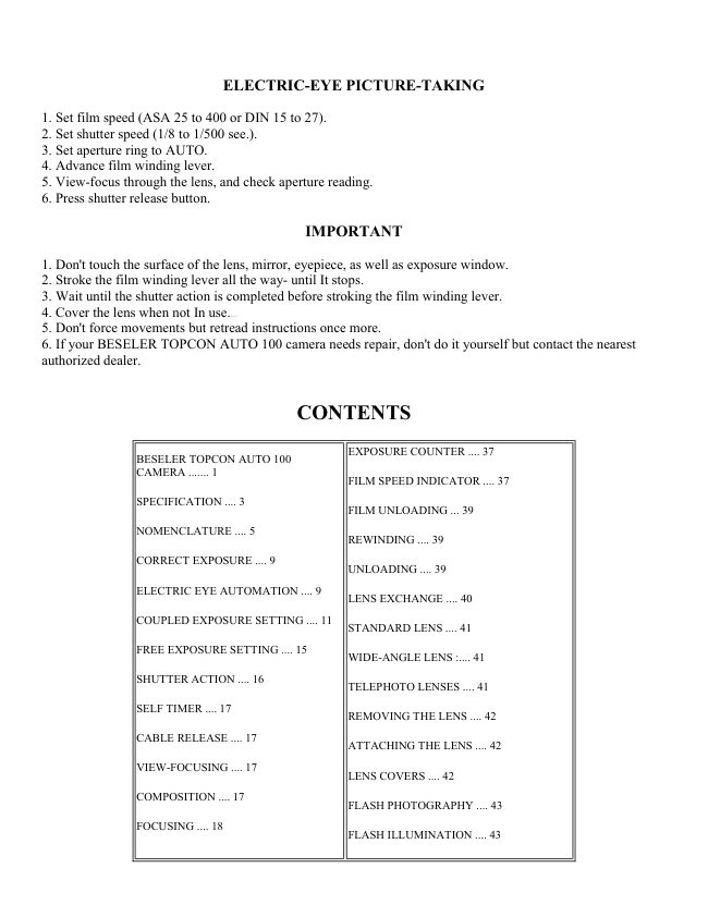 Beseler Topcon Auto 100 manual cover