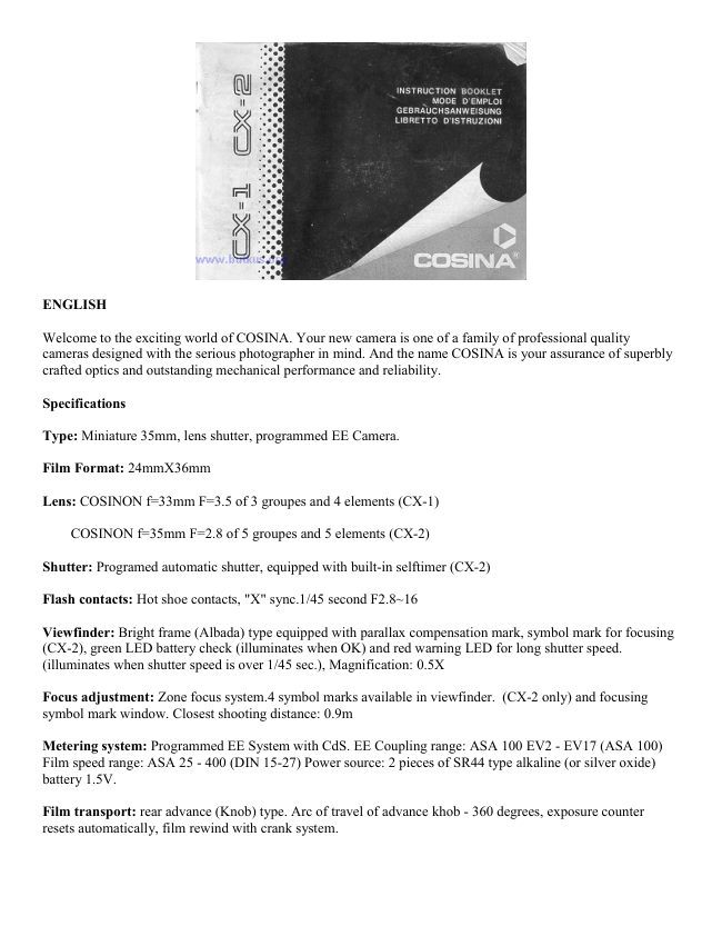 Cosina CX-1 / CX-2 manual cover