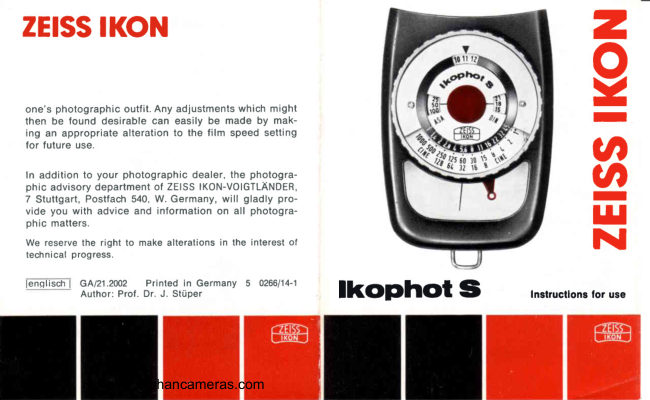 Zeiss Ikon Ikophot S manual cover