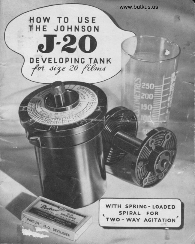 Johnson J-20 Developing Tank Developing J-20 film (assuming meaning 120 film) manual cover