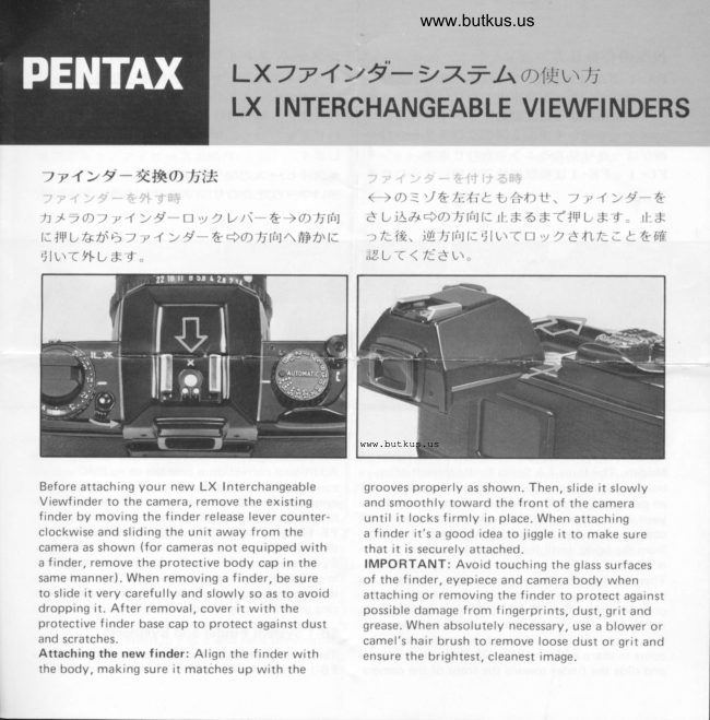 Pentax LX interchangeable viewfinders manual cover