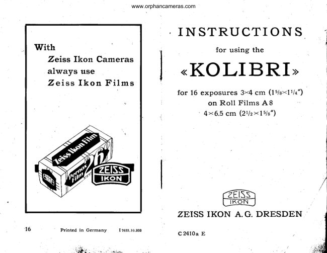 Zeiss Ikon Kolibri manual cover