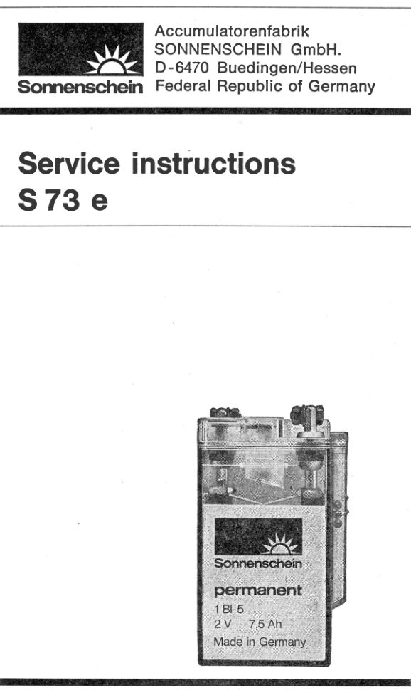 Metz Sonnenschein S 73 e Service Instructions Wet cell battery manual cover
