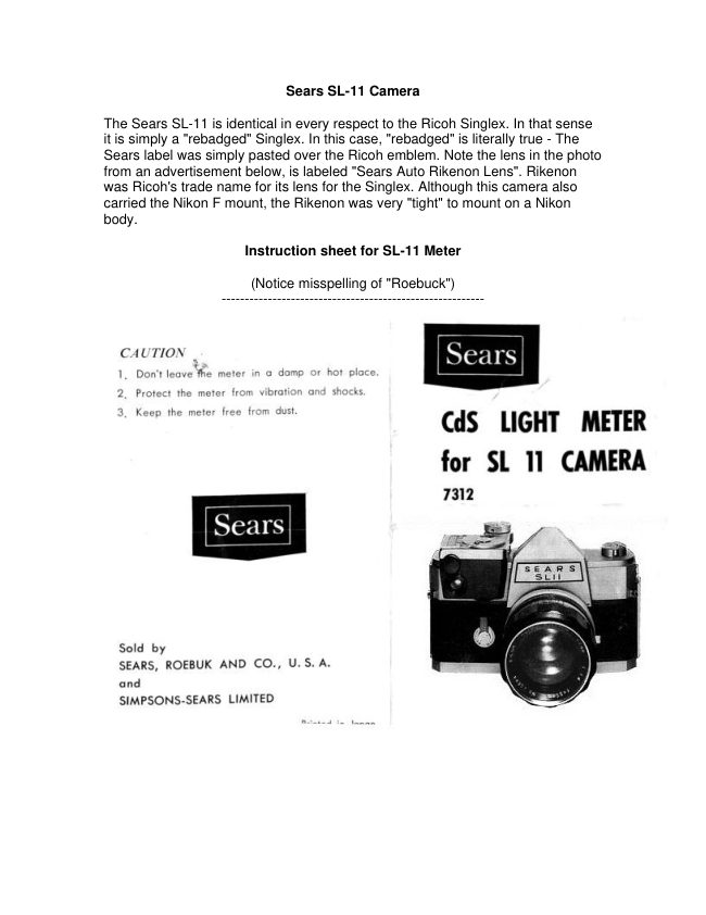 Ricoh Singlex / Sears Rebadge information manual cover