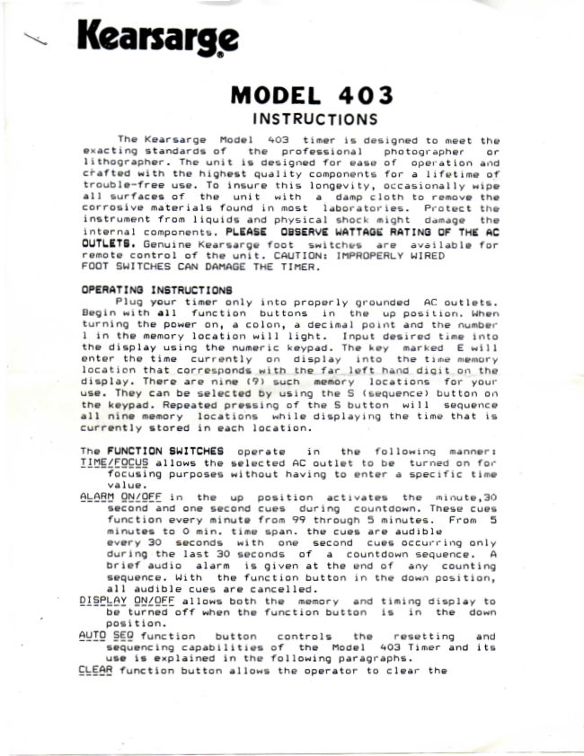 Kearsarge Model 403enlarger timer manual cover