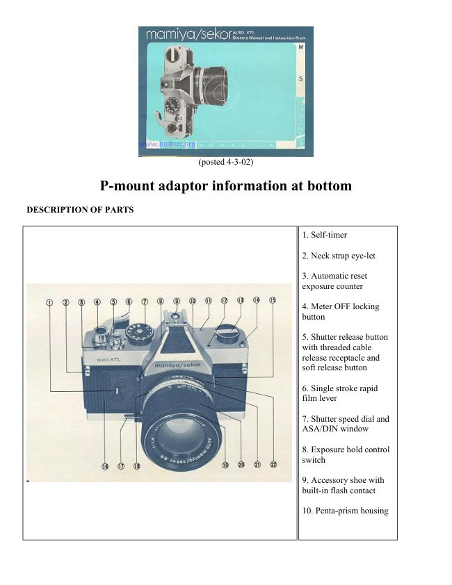 Mamiya Sekor Auto XTL manual cover
