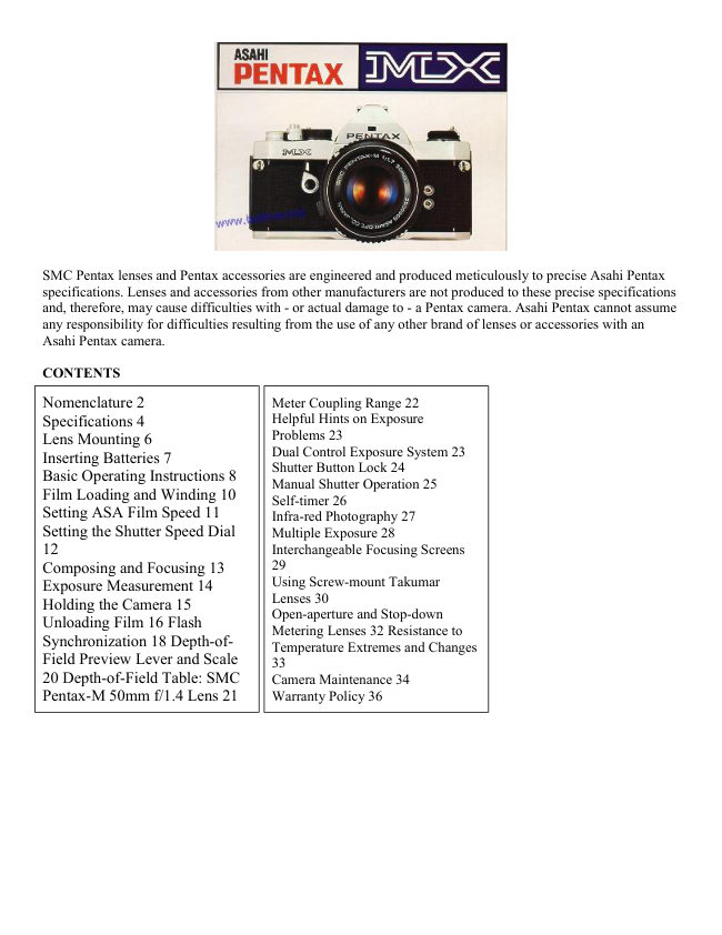 THIS Pentax MX PAGE manual cover