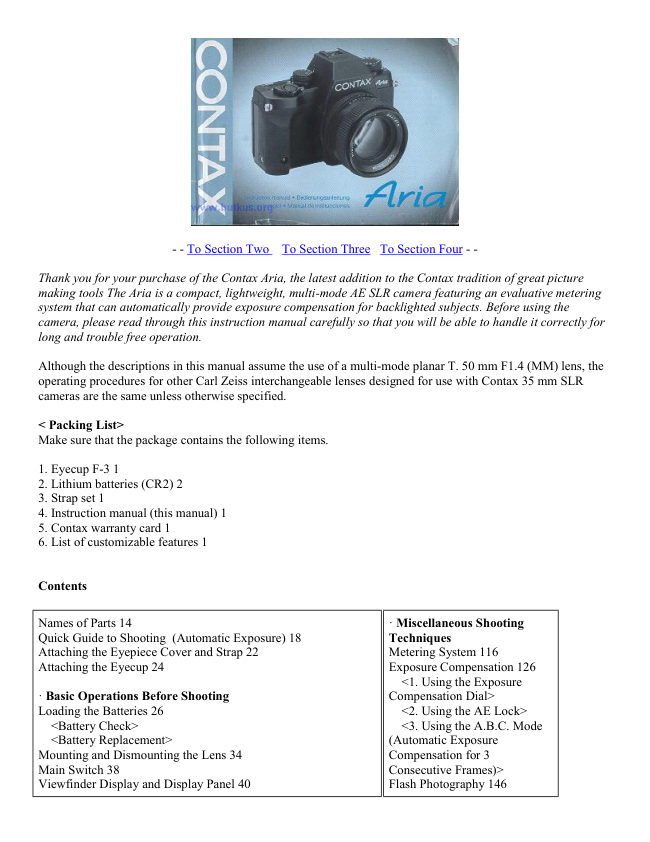 Contax Aria manual cover