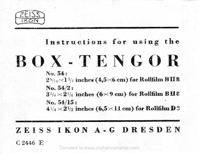 Zeiss Ikon BOX-TENGOR 6X9 manual cover