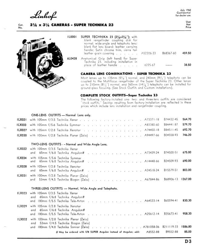 Linhof Technika price list, (1962 - '64) manual cover
