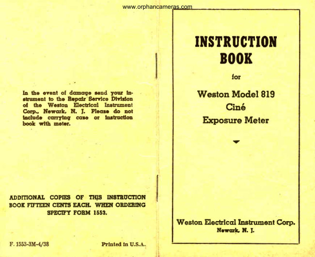 Weston Model 819 Cine Exposure meter manual cover