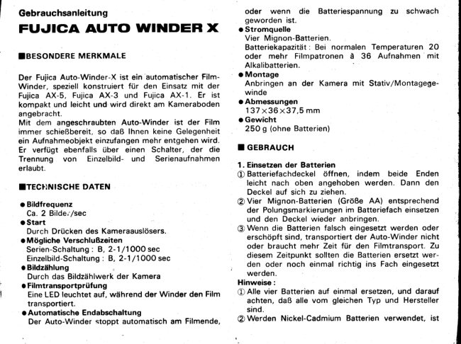 Fujica Auto Winder X manual cover