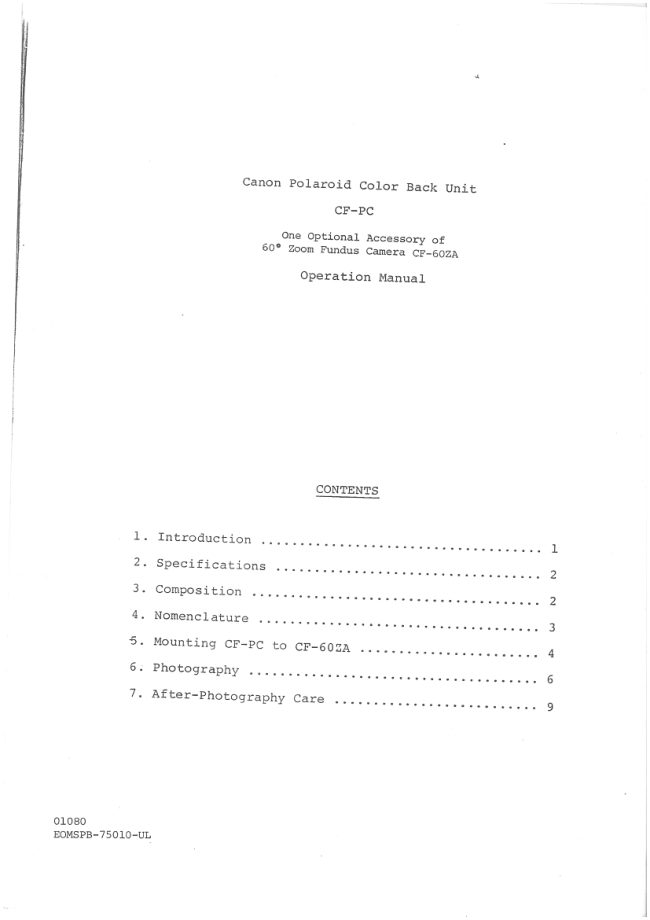 Canon CF-PC Polaroid back for Fundus manual cover