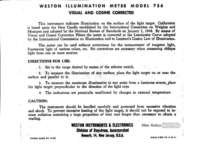 Weston Illumination Meter Model 756 manual cover