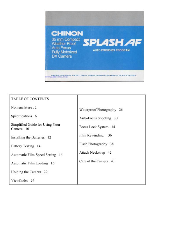 CHINON SPLASH manual cover