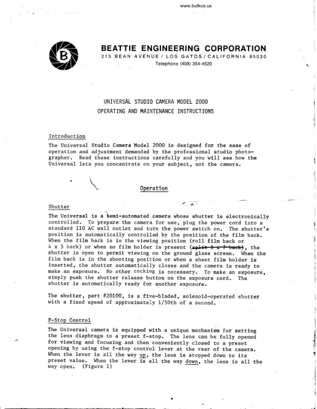 Beattie Universal Studio camera manual cover