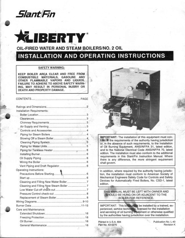 Slant Fin Liberty oil fired boiler manual cover