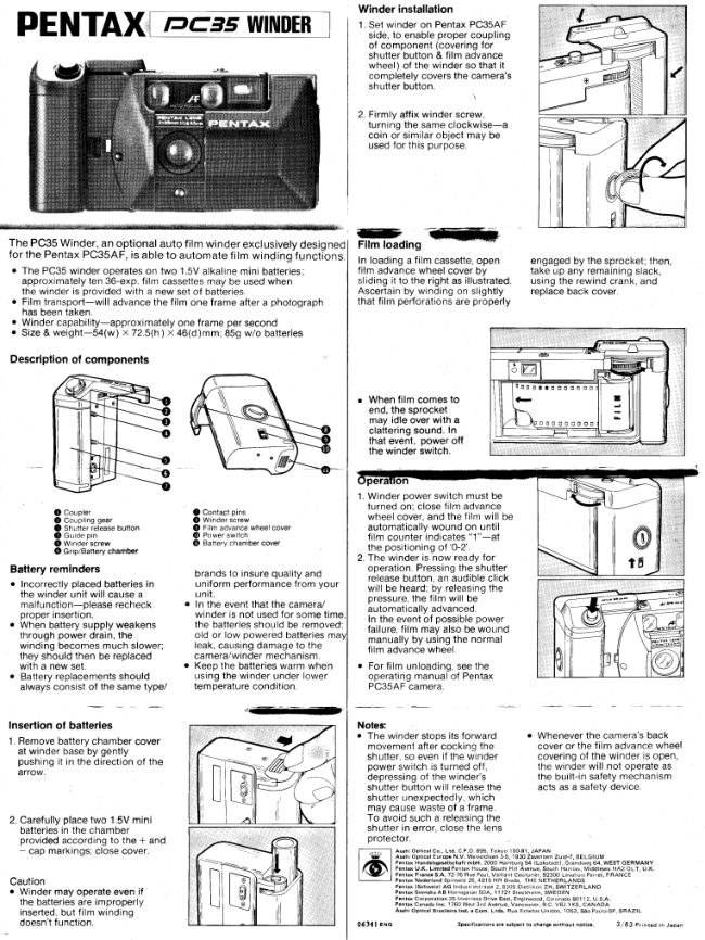 Pentax PC35 winder manual cover