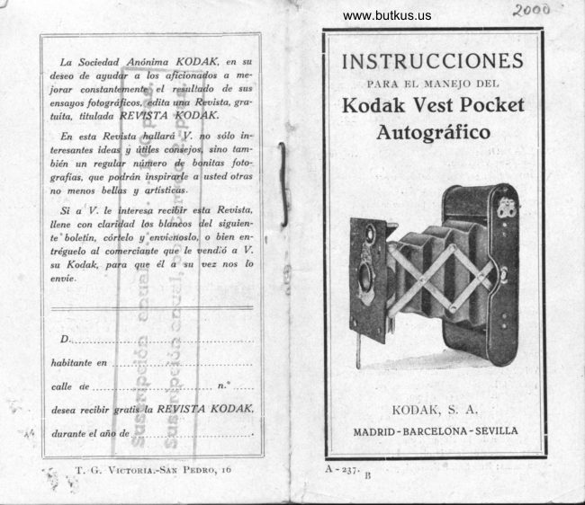 Kodak Vest Pocket Autografico manual cover