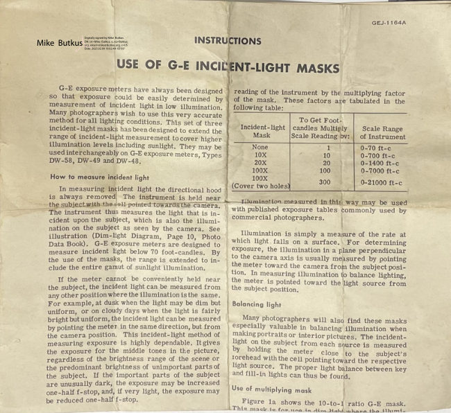 GE Light Meter Masks manual cover