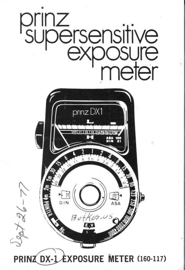 Prinz DX-1 lightmeter manual cover
