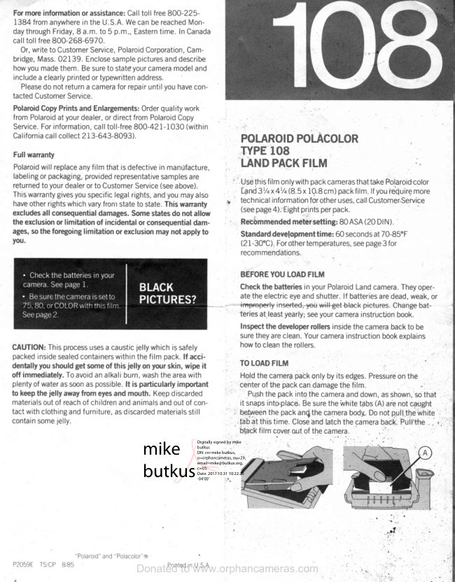 Polaroid 108 film information manual cover