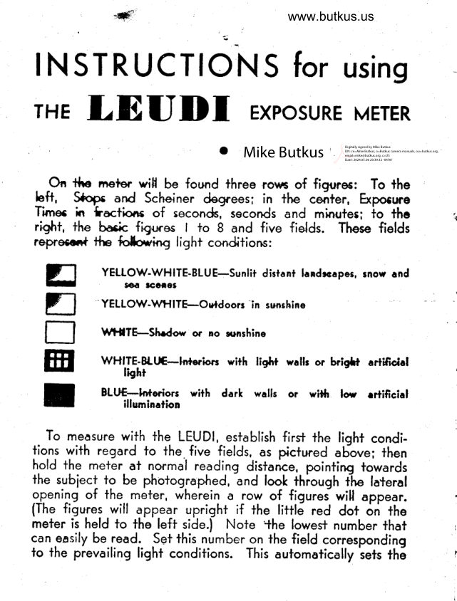 LEUDI Exposure Meter manual cover