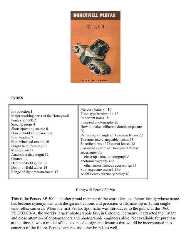 Pentax SP 500 manual cover