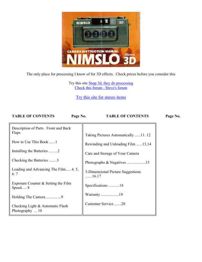 Nimslo 35mm 3D camera manual cover