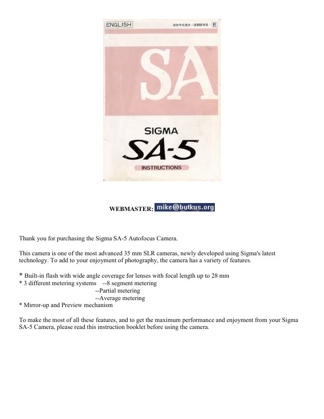 Sigma SA-5 in manual cover