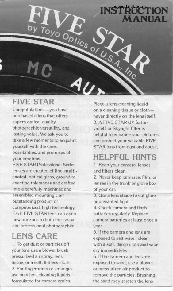 Five Star lenses by Toyo Optics manual cover