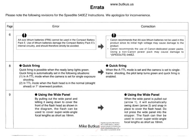 Canon 540EZ errata ( - ) manual cover