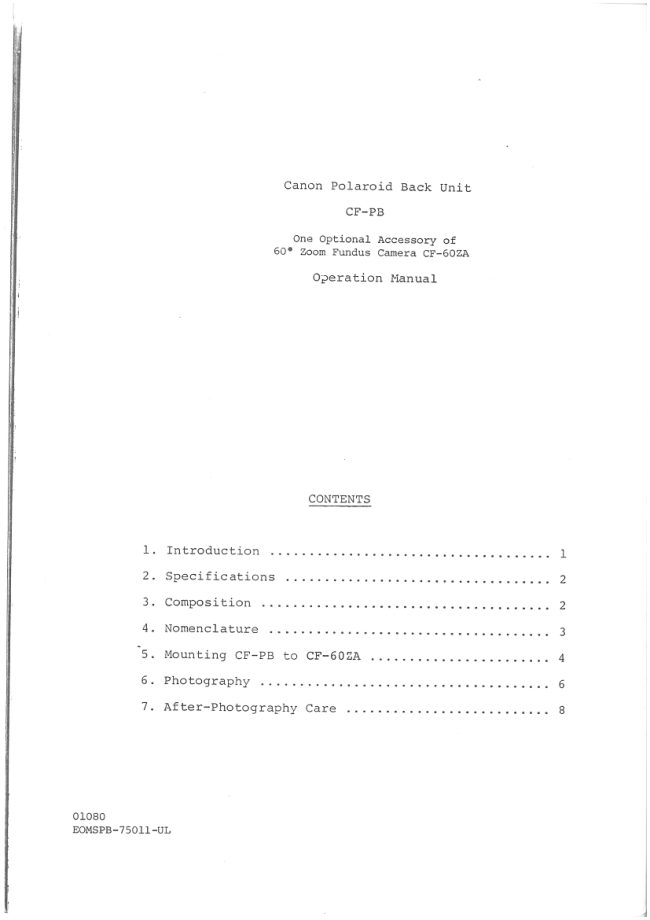 Canon CF-PB Polaroid back for Fundus manual cover