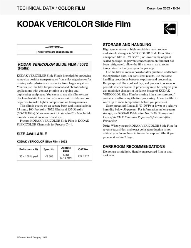 Kodak Vericolor Slide Film manual cover