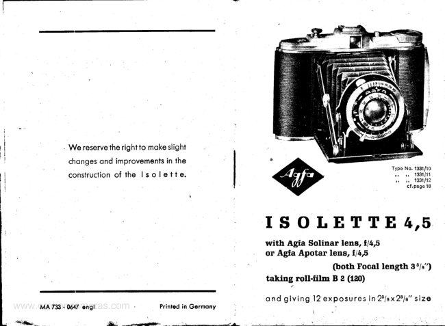Agfa isolette 4x5 manual cover