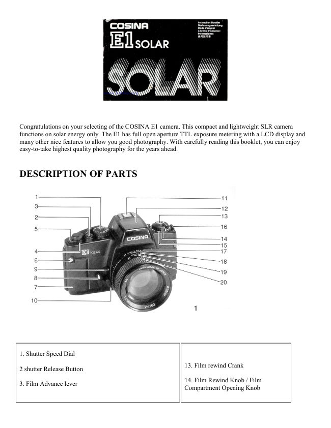 Cosina E-1 solar" manual cover