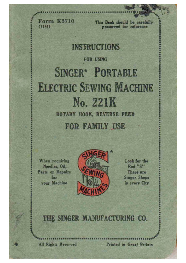 Singer 221K Featherweight manual cover