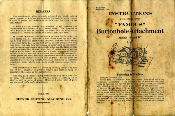 Singer "Famous" Buttonholer Models C and D manual cover