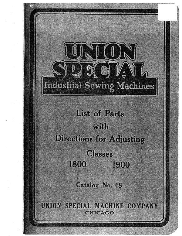 Union Special 1800 & 1900 Models Parts List manual cover