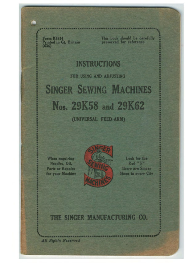 Singer 29k58 & 29k62 manual cover