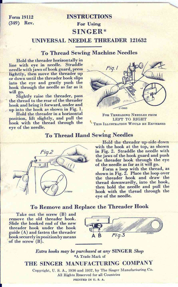 Singer Needle Threader manual cover