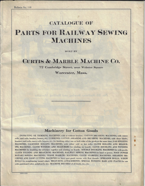 Curtis & Marble Railway Sewing Machine Parts Catalogue manual cover
