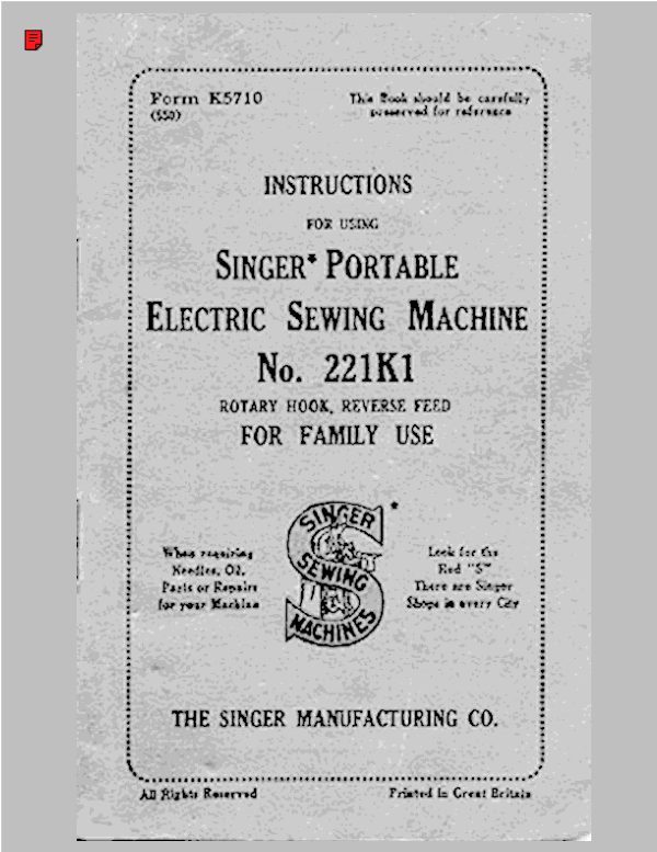 Singer 221K Featherweight manual cover